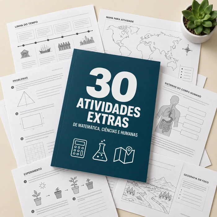 Capa das 30 atividades extras de Matemática, Ciências e Humanas