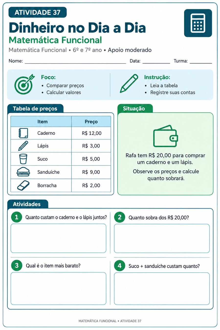 Folha de matemática funcional com dinheiro, medida e tabela