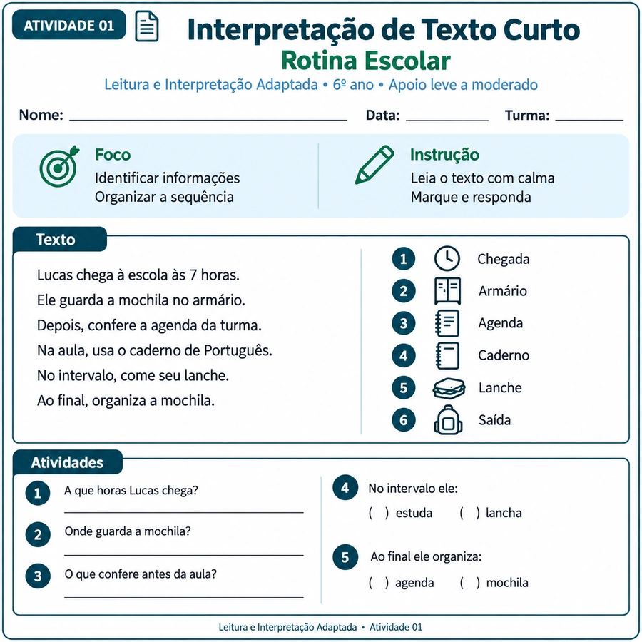A mesma atividade adaptada, com comando curto e apoio visual