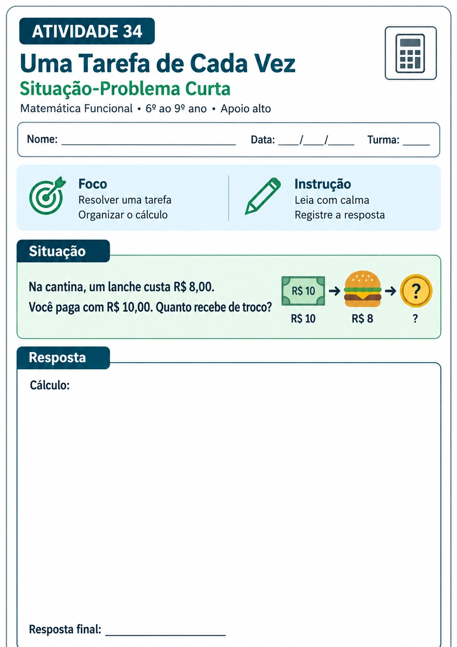 Folha adaptada de situação-problema com uma tarefa por vez